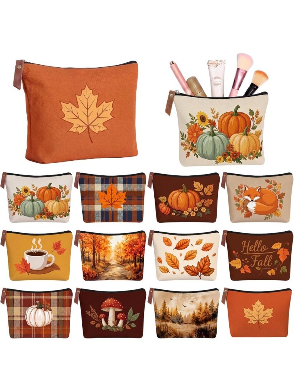 12 Pack Pumpkin Makeup Bags - Fall Cosmetic Zipper Pouches for Autumn Gifts